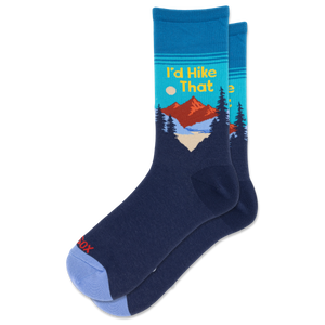A pair of navy blue crew socks with a colorful graphic of a mountain landscape and the text 'I'd Hike That' on the upper leg, shown on a plain white background.