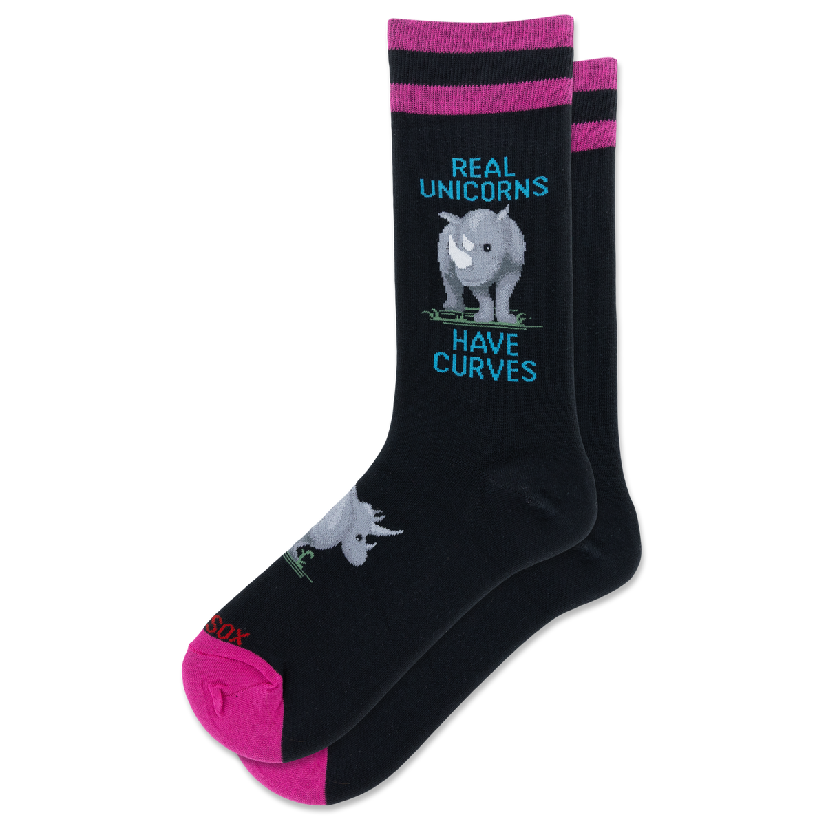 A pair of black crew socks with pink and magenta stripes at the top, featuring a gray rhinoceros graphic and the text 'REAL UNICORNS HAVE CURVES' in blue. The toes and heels are bright pink, and the brand name 'HOTSOX' is visible near the foot.