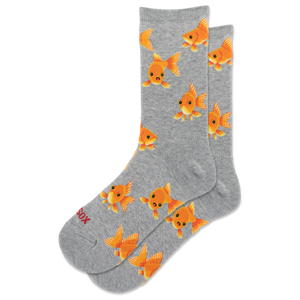 A pair of heather gray crew socks with a repeating pattern of cute orange cartoon goldfish, shown on a plain white background.