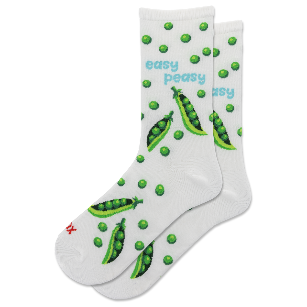 A pair of white crew socks with a green pea pattern, featuring the text 'easy peasy' in light blue and a small red 'HOTSOX' logo near the toe.
