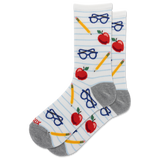 A pair of crew socks with a school-themed pattern featuring red apples, yellow pencils, and blue glasses on a white background with light blue horizontal stripes, set against a plain white background. thumbnail