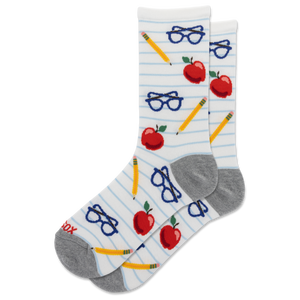 A pair of crew socks with a school-themed pattern featuring red apples, yellow pencils, and blue glasses on a white background with light blue horizontal stripes, set against a plain white background.