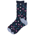 A pair of navy blue crew socks with a golf-themed pattern featuring pink and blue golf clubs, white golf balls, and light blue heels and toes.
