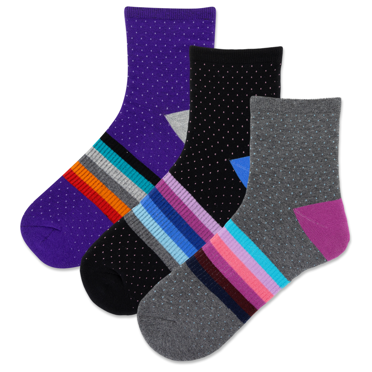Three pairs of women's ankle socks with striped patterns and dots, displayed in a stacked arrangement.