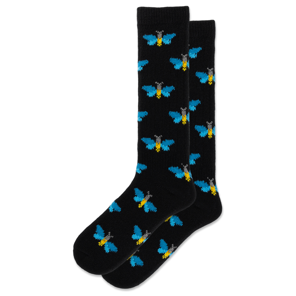 Black socks with blue butterfly patterns on a white background