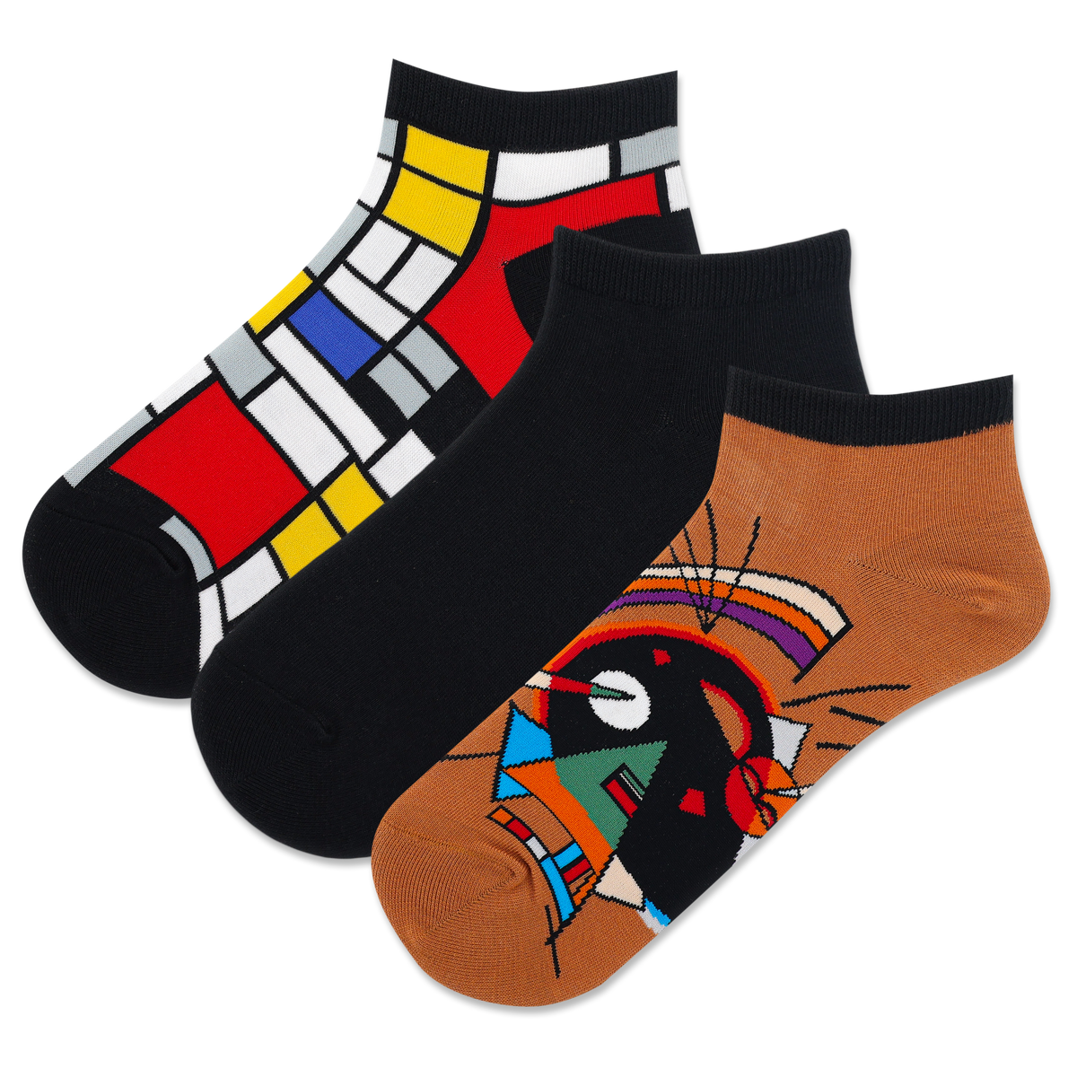 Three pairs of women's ankle socks with abstract geometric patterns in a variety of colors, positioned side by side.