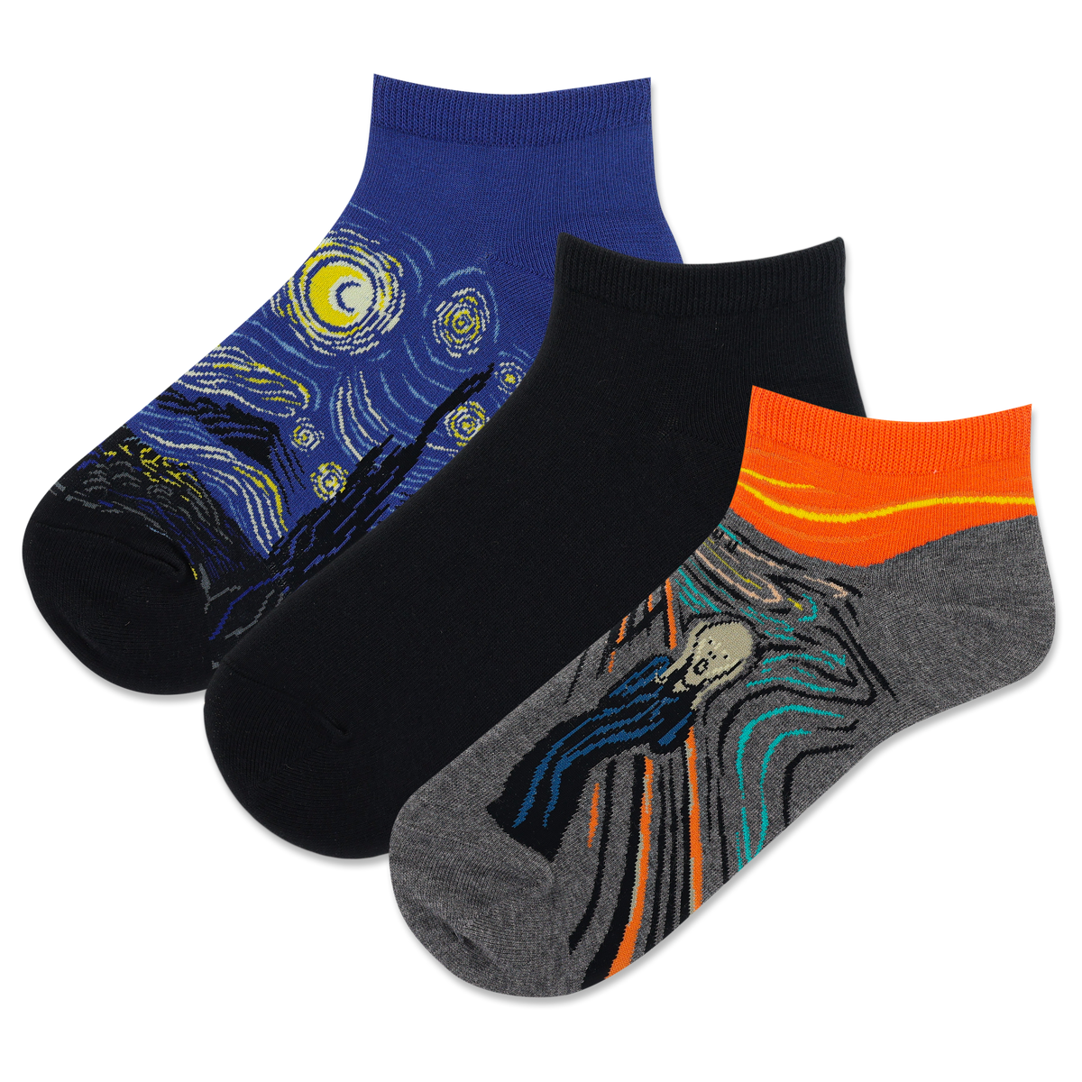 Three pairs of socks with artistic designs on a white background