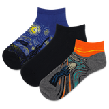 Three pairs of socks with artistic designs on a white background thumbnail