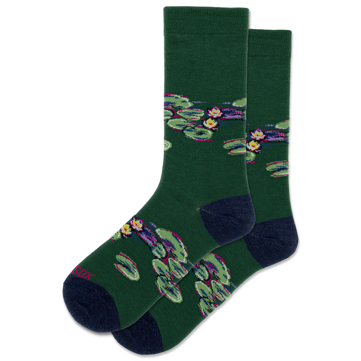 HOTSOX women's green socks featuring lily pads from a famous painting and navy accents on the heel and toe.
