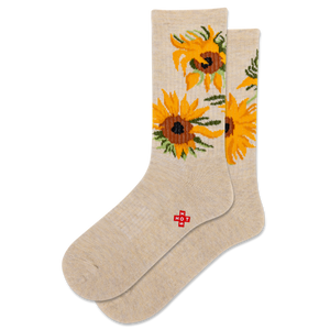 Beige socks with sunflower design on a white background