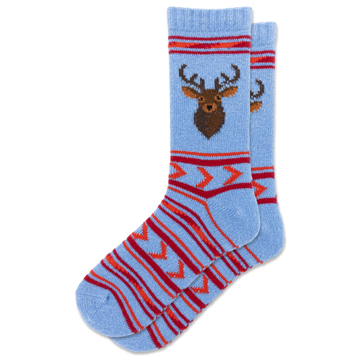 A pair of light blue knit socks featuring a brown deer head graphic on the front and red and orange geometric stripe patterns, shown against a plain white background.
