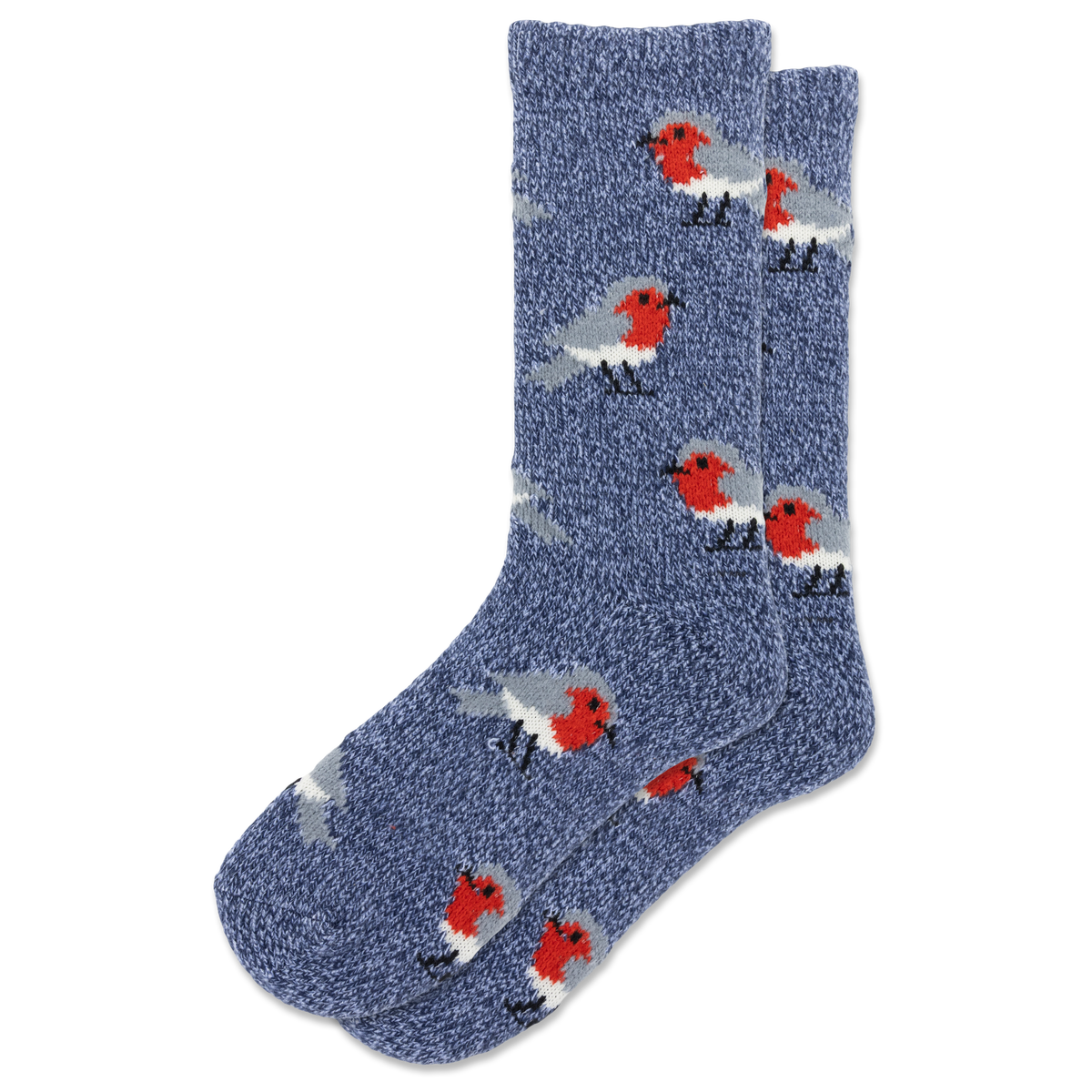 A pair of heathered blue crew socks featuring a repeating pattern of red, white, and black birds, displayed against a solid white background.