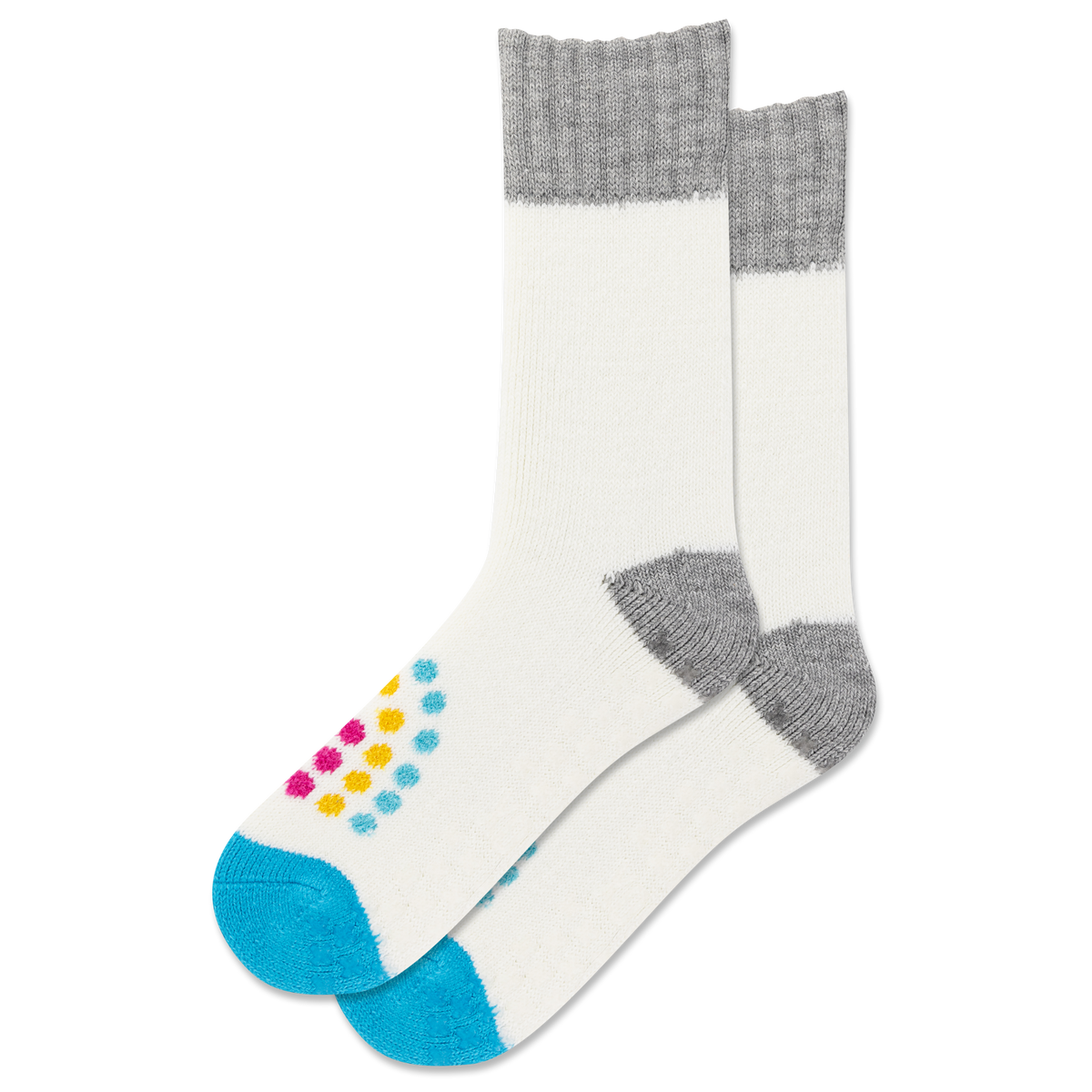 White sock with gray cuffs and toes, blue soles, and colorful polka dots on a white background