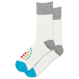 White sock with gray cuffs and toes, blue soles, and colorful polka dots on a white background