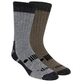 Two pairs of socks, one gray and one brown, with brand logo on a white background.