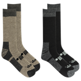 Two pairs of socks, one beige and black, the other black and gray, on a white background. thumbnail