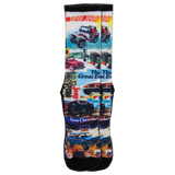 Jeep socks with a print of different illustrations of Jeep vehicles.