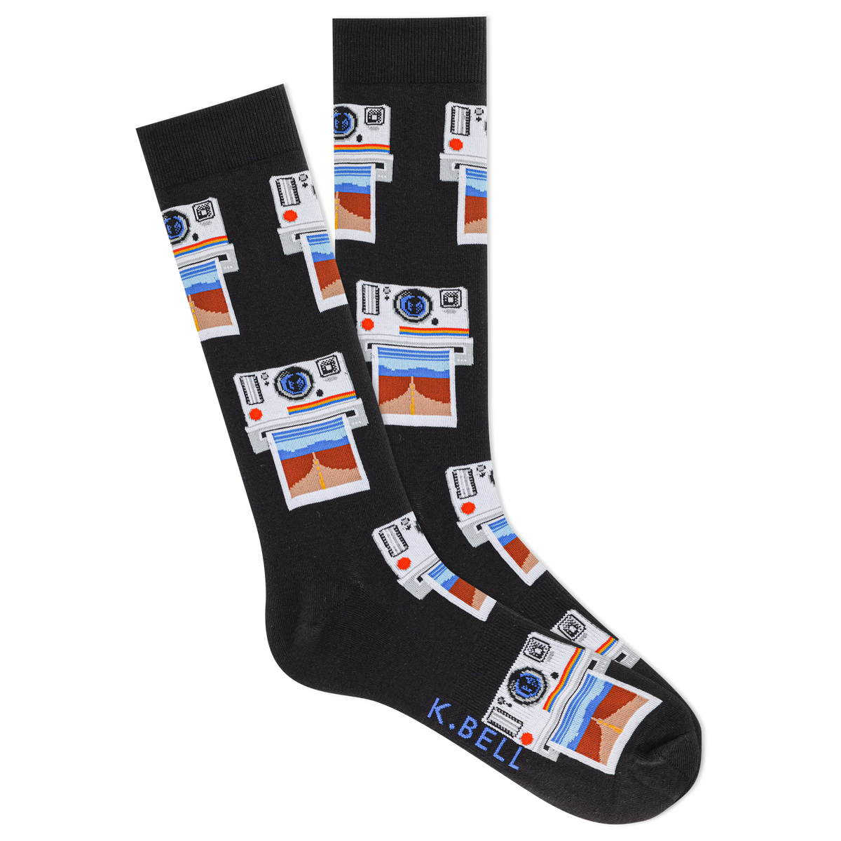 A pair of K.Bell men's crew socks with vintage camera photos pattern on a black background.
