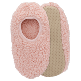 Pair of pink fuzzy slippers with a textured sole on a white background