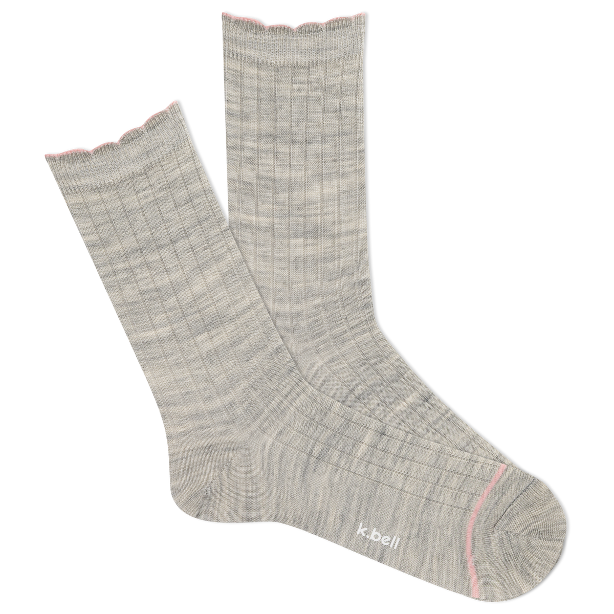 Pair of gray ribbed socks with pink accents on a white background