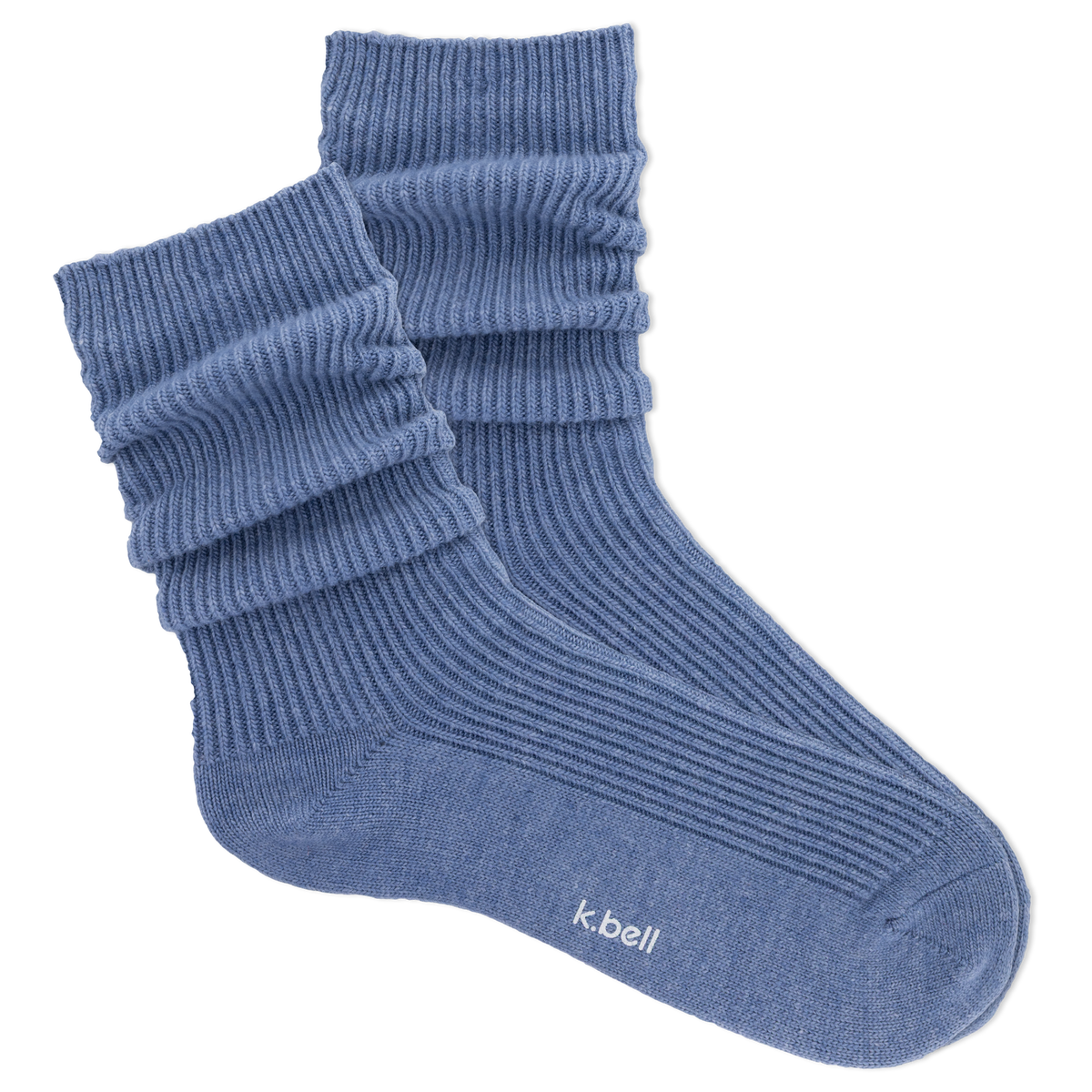 Blue ribbed women's slouch sock on a white background