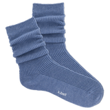 Blue ribbed women's slouch sock on a white background