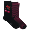 Two pairs of crew socks on a plain white background: one black sock with a red cherry and bow graphic and a small white 'kcball' logo near the toe, and a pair of burgundy-and-dark-red striped socks.