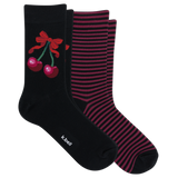 Two pairs of crew socks on a plain white background: one black sock with a red cherry and bow graphic and a small white 'kcball' logo near the toe, and a pair of burgundy-and-dark-red striped socks.