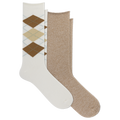 Two pairs of crew socks arranged overlapping on a white background. The front pair is white with an argyle diamond pattern in brown, tan, and light blue.