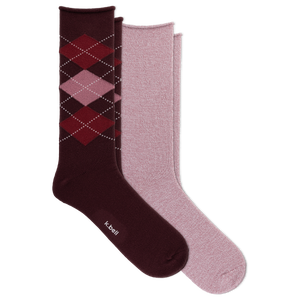 Two pairs of crew socks arranged overlapping on a white background: one dark burgundy pair with an argyle diamond pattern in red and pink and one heathered dusty pink pair. The burgundy sock has the brand name 'k.bell' printed near the foot.