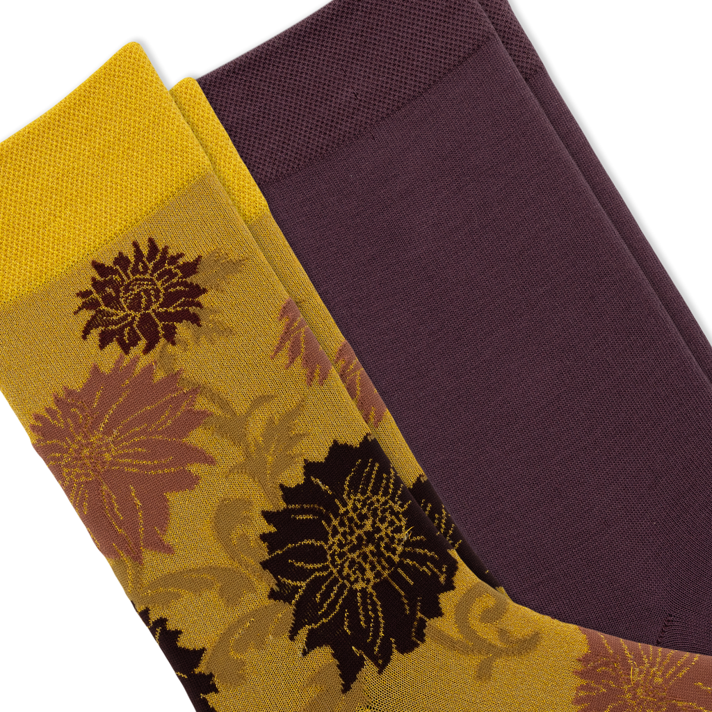 Two folded dress socks shown on a white background. One sock is gold with a dark brown and mauve floral pattern, and the other is solid deep plum purple.