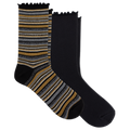 Two pairs of crew socks on a plain white background. One pair is solid black with a ruffled cuff, and the other pair has horizontal stripes in black, gray, and metallic gold with a ruffled cuff.