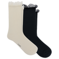 Two ribbed crew socks with lace trim at the top, shown overlapping on a white background. The front sock is cream, and the back is black.
