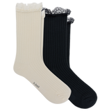 Two ribbed crew socks with lace trim at the top, shown overlapping on a white background. The front sock is cream, and the back is black. thumbnail