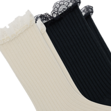 Two ribbed lace-trimmed socks shown diagonally on a white background, one in cream and one in black.