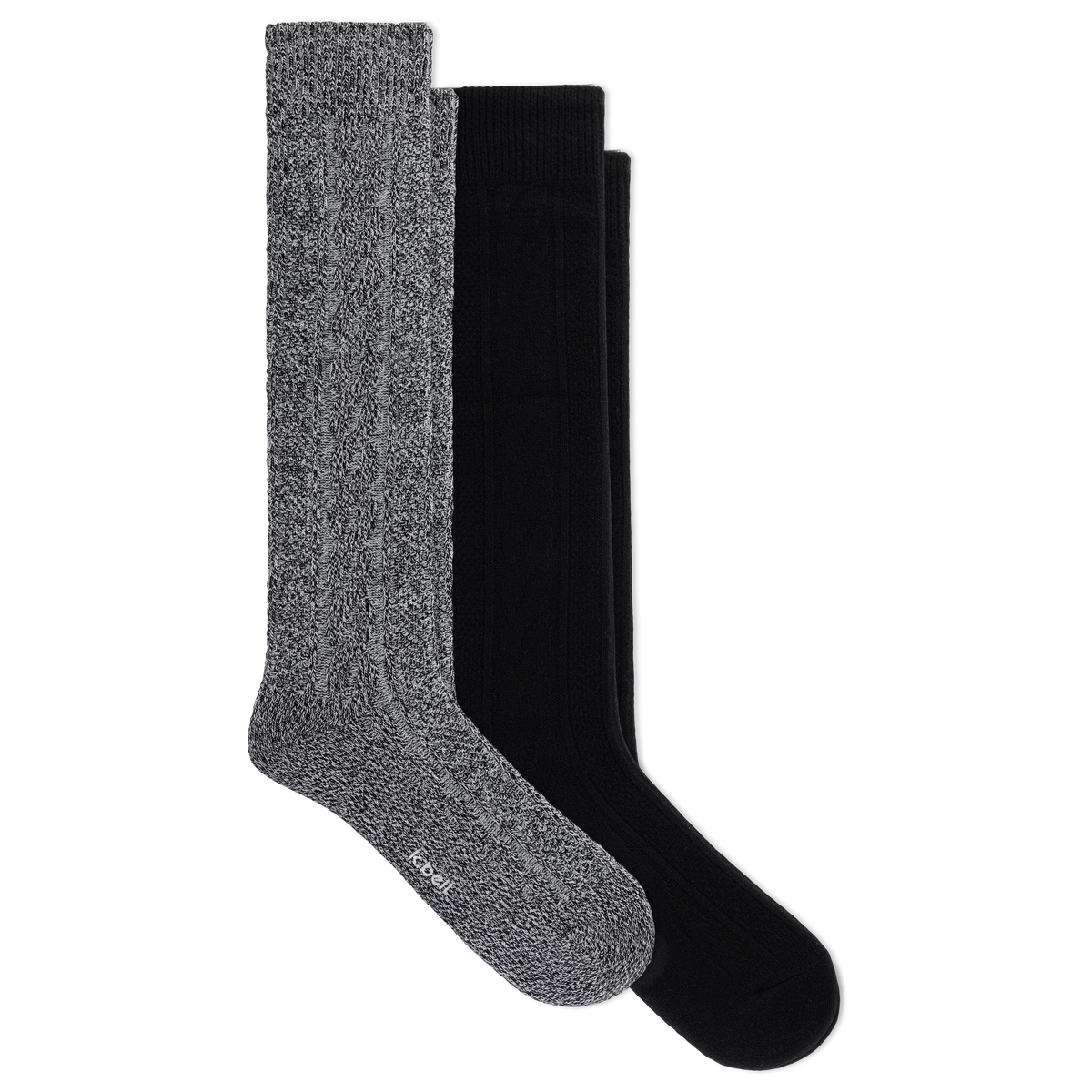 Two knee-high socks, one heather gray and one solid black, displayed side-by-side on a plain white background.