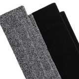 Two pairs of knit boot socks stacked diagonally on a white background, showing a heathered gray-and-black marled texture on the front pair and solid black on the rear pair. thumbnail
