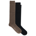 Two ribbed knee-high socks, one in brown and one in black, displayed overlapping on a plain white background.