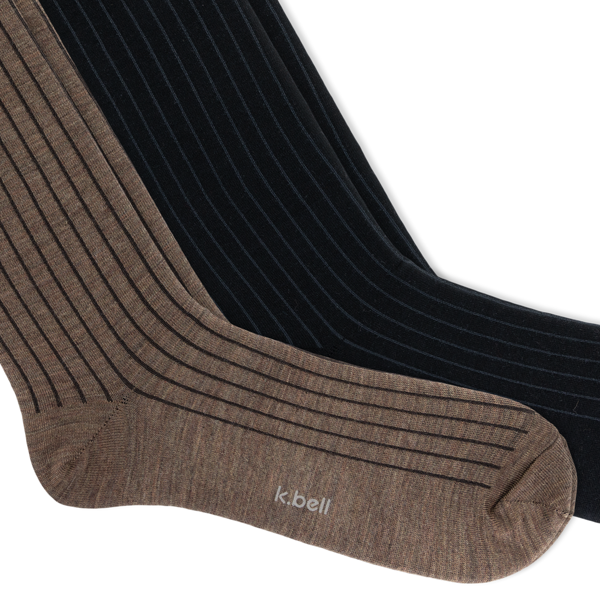 Two ribbed crew socks, one taupe-brown and one black, with horizontal stripe detailing on the sides, shown overlapping on a white background.