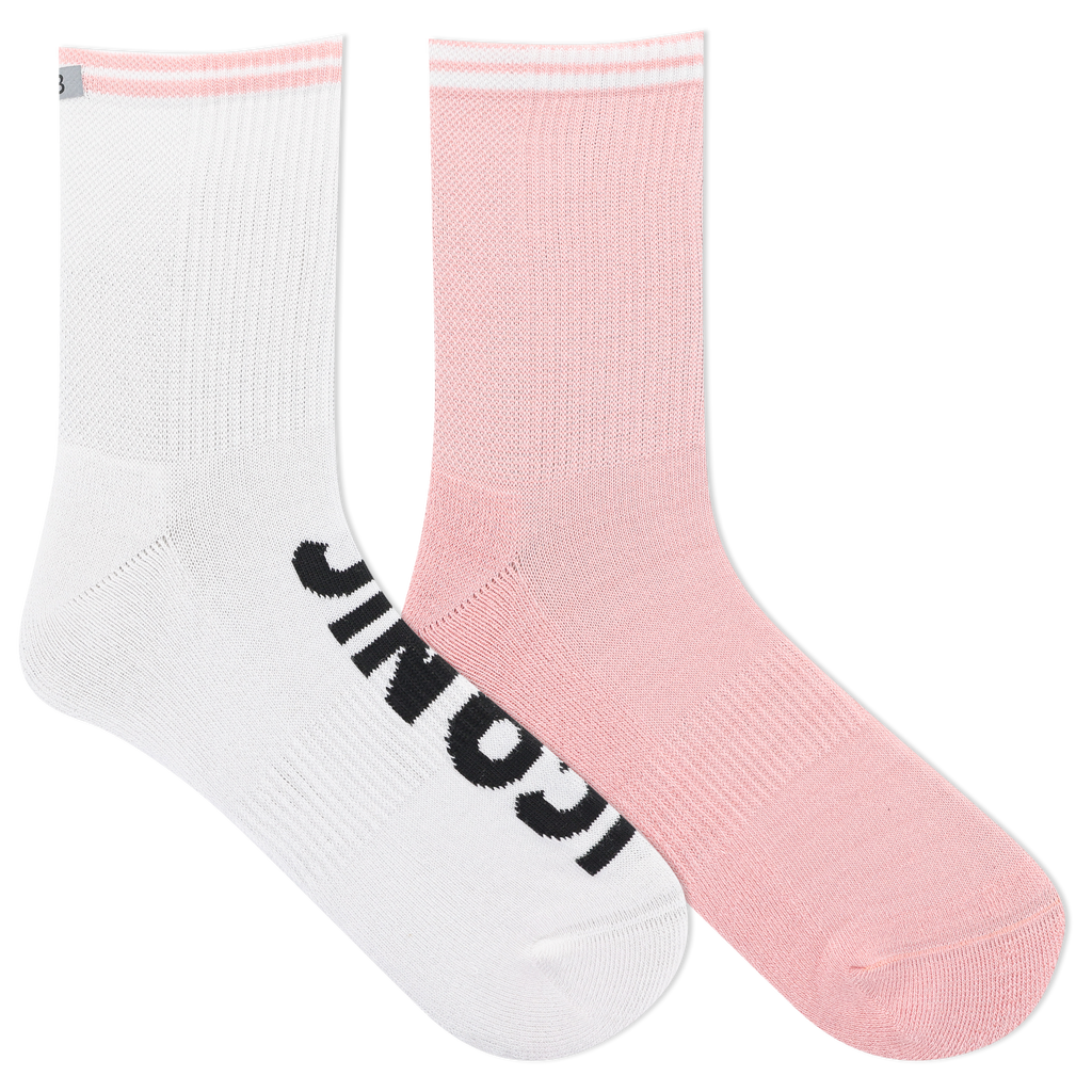 Two socks, one white and one pink, with a brand logo on a white background.