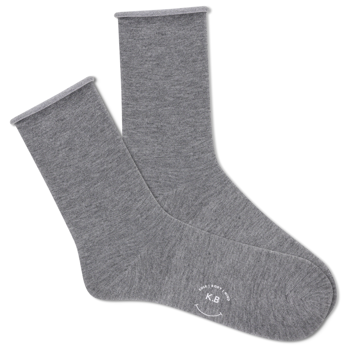 Pair of gray socks with a brand logo on a white background