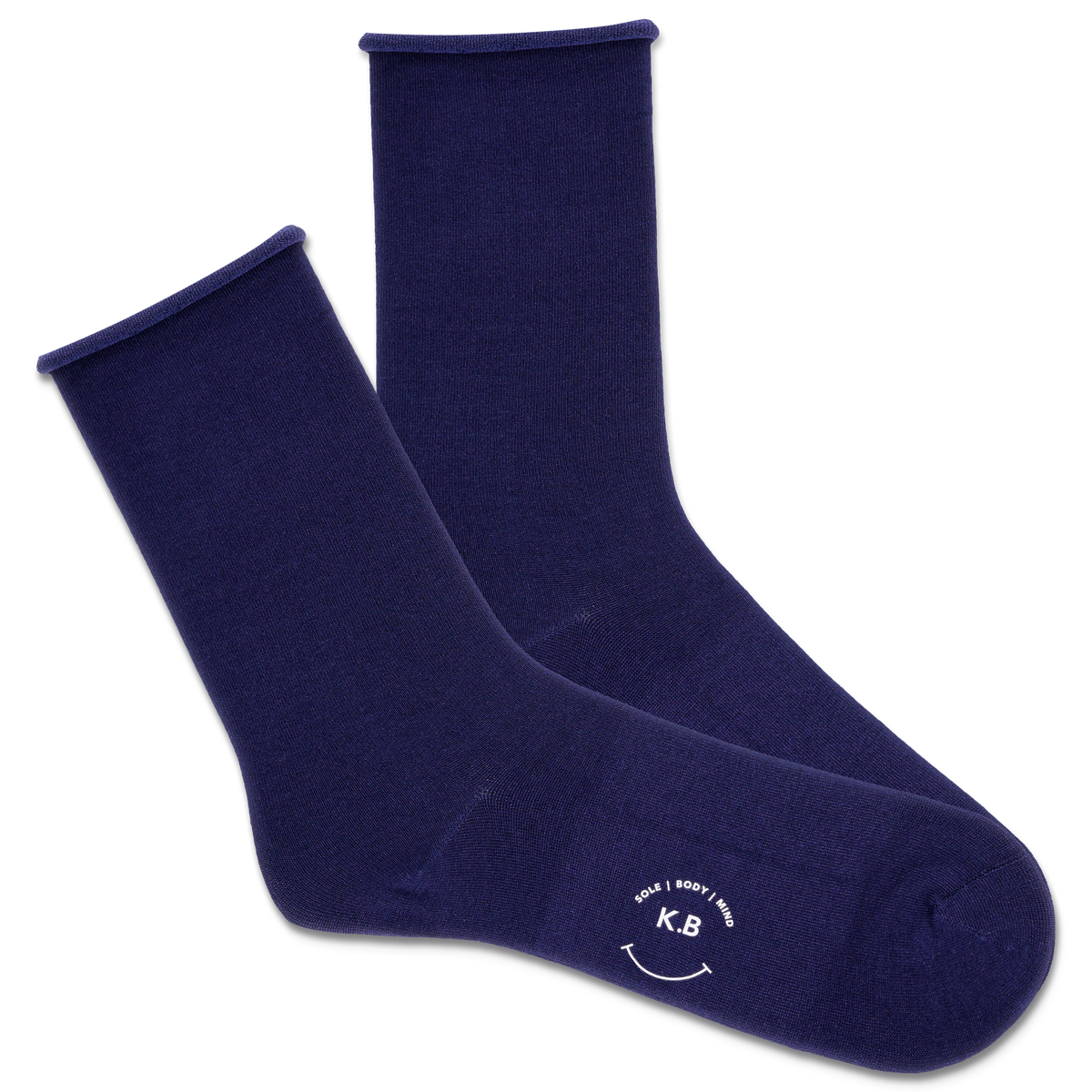 Pair of navy blue roll top socks with a k.bell logo on a white background
