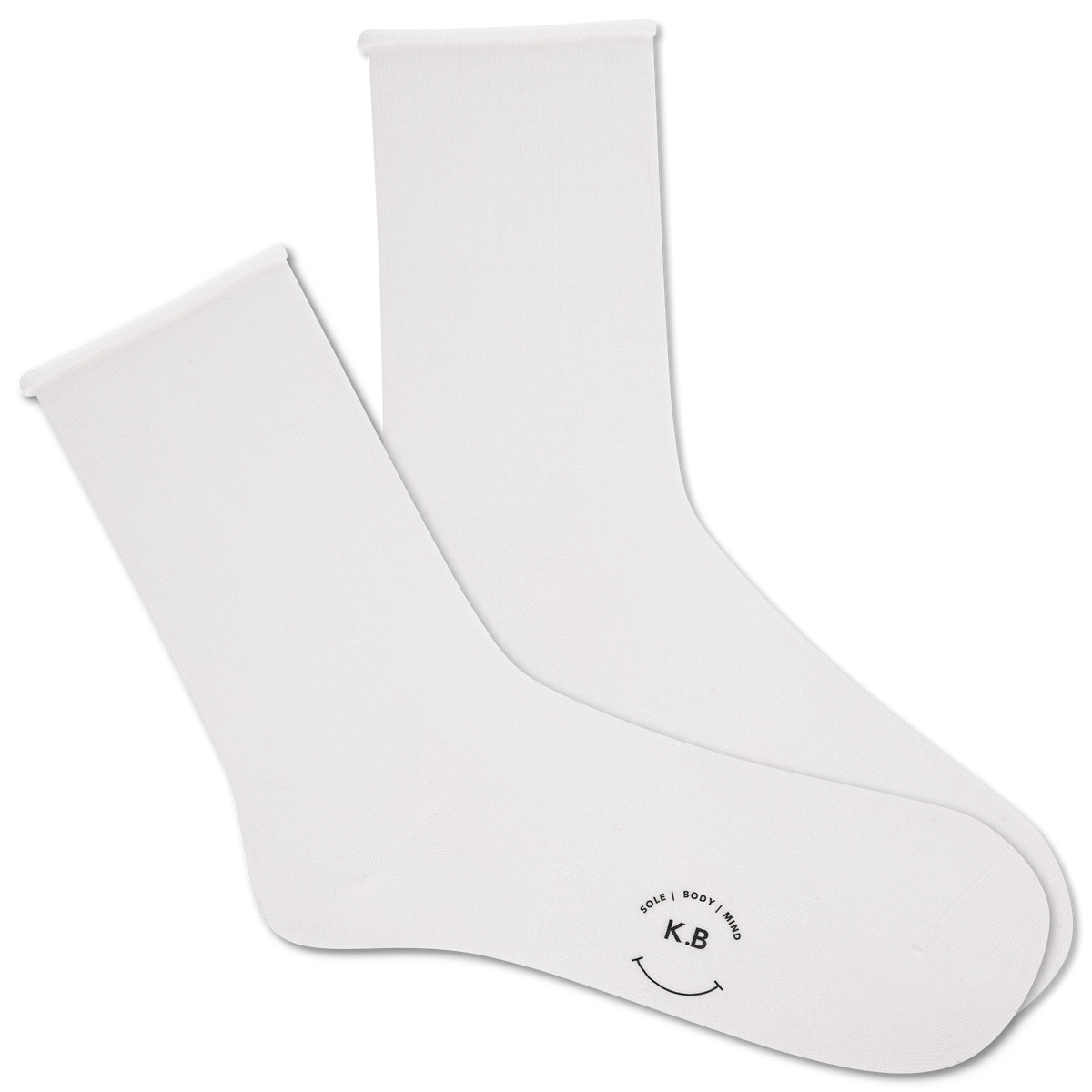 White socks with a smiley face and text on a white background