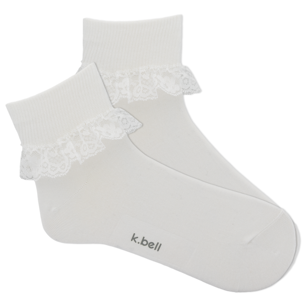 White ankle sock with lace trim and 'k.bell' branding on a white background