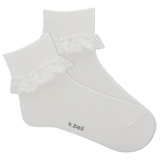 White ankle sock with lace trim and 'k.bell' branding on a white background