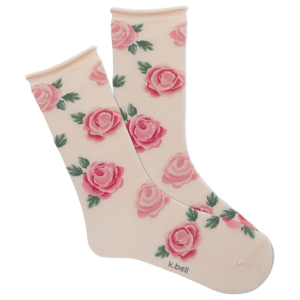 Pink-ish beige socks with pink rose pattern on a white background