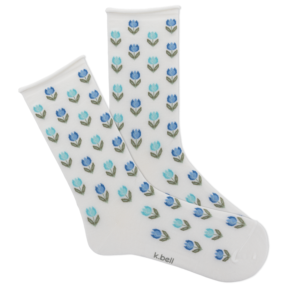 White socks with blue floral pattern on a white background