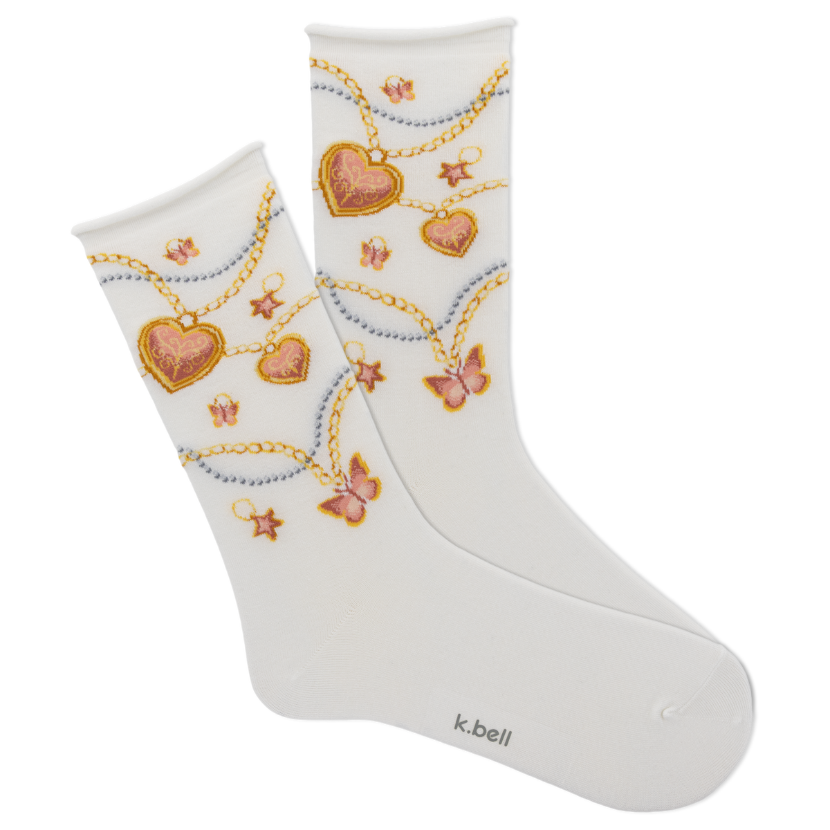 White socks with heart and chain design on a white background, featuring the brand 'k.bell'.