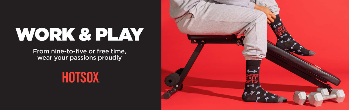 A promotional banner for HOTSOX socks showing a person seated on a weight bench with their legs extended, wearing patterned black, red, and white socks. The left side features a dark gray panel with the text 'WORK & PLAY' and 'HOTSOX'.