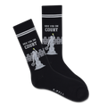 Black socks with 'See You in Court' text and statue design on a white background